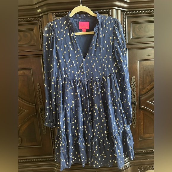 Lilly Pulitzer Sarita Silk Dress Size 2 High Tide Navy Gold Metallic Silk Clip - Picture 2 of 6